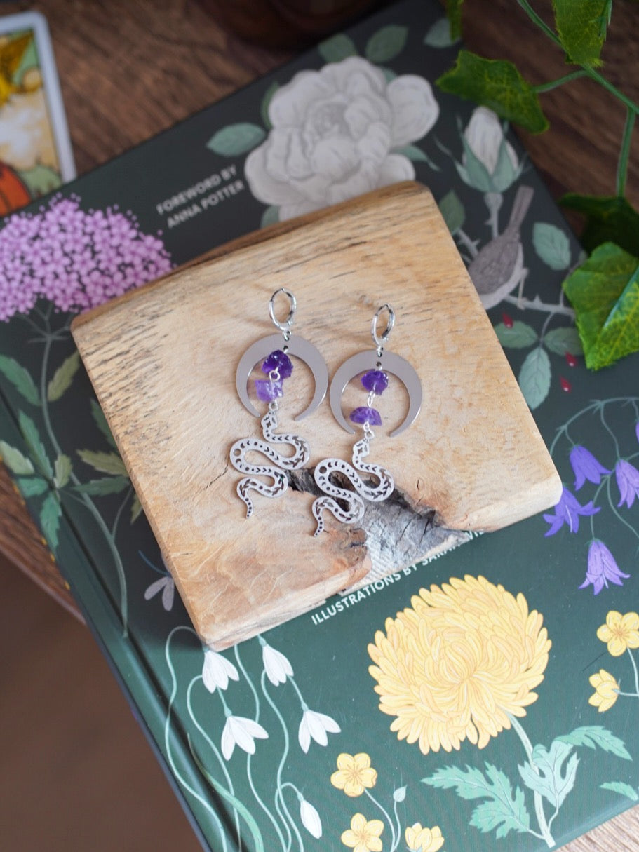 Amethyst Snake Hoop Earrings