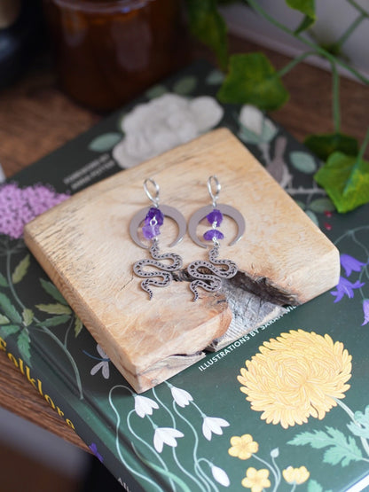 Amethyst Snake Hoop Earrings