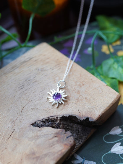 925 Sterling Silver Amethyst Sun Necklace