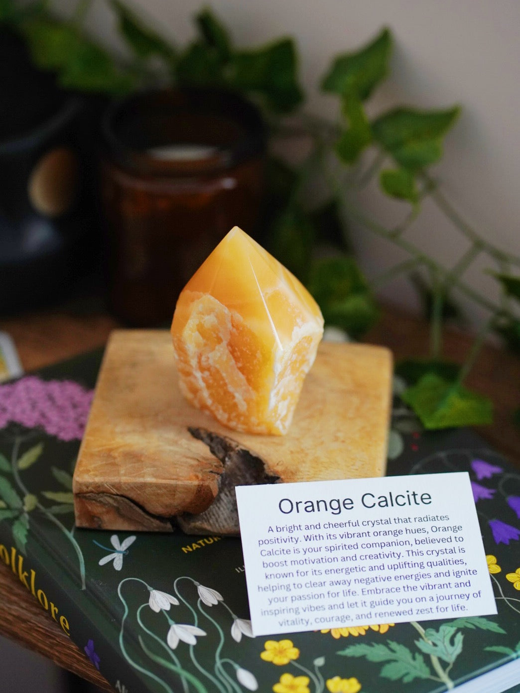 Orange Calcite Polished Top With Rough Bottom With Description Card