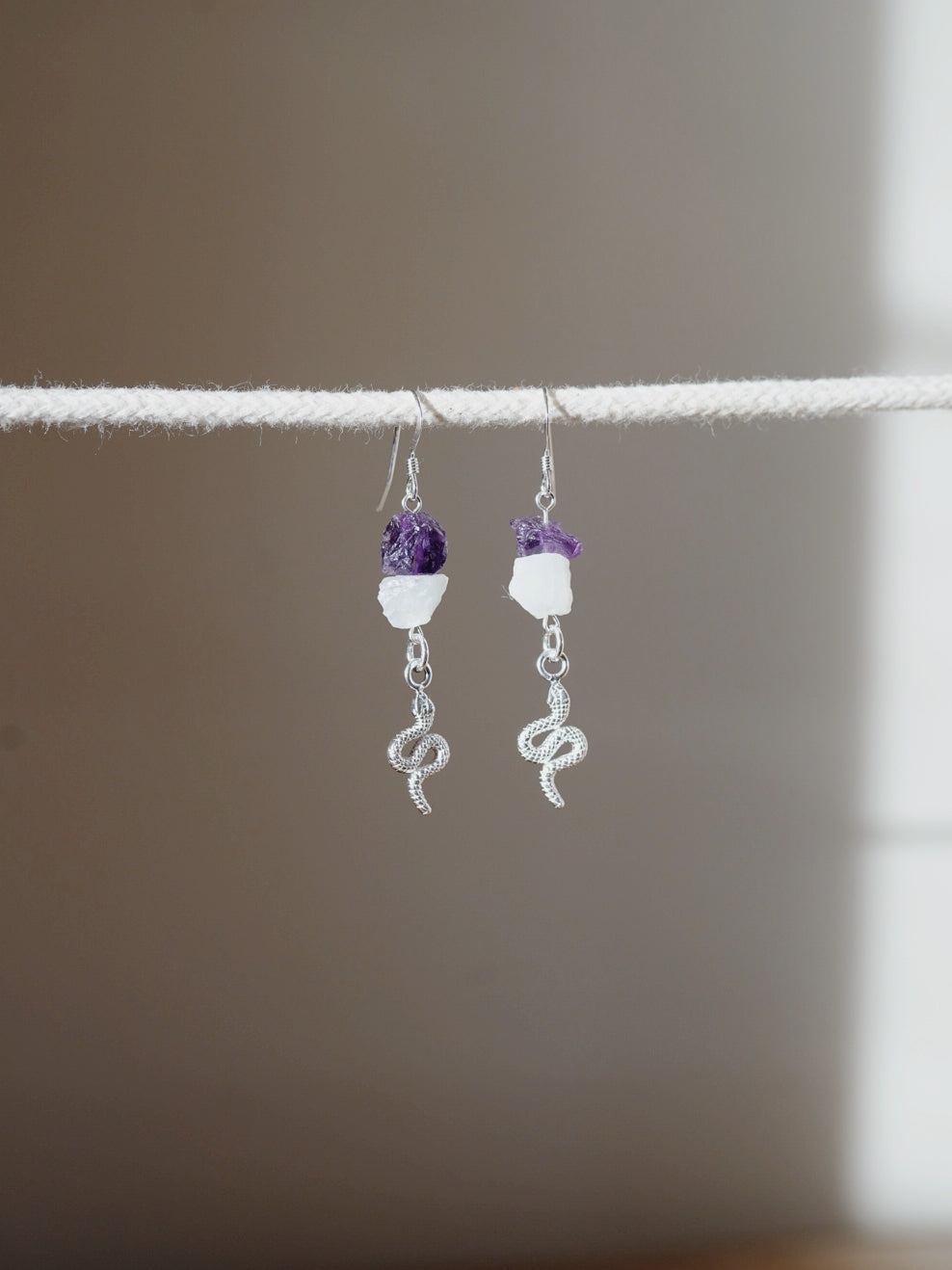 925 Sterling Silver Moonstone & Amethyst Snake Earrings