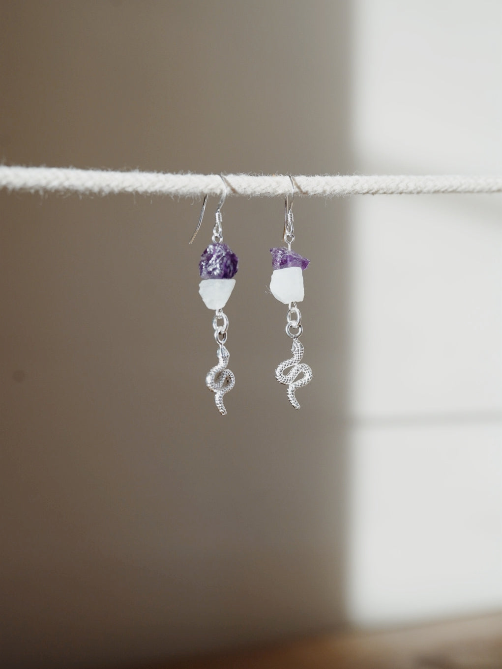 925 Sterling Silver Moonstone & Amethyst Snake Earrings